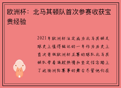 欧洲杯：北马其顿队首次参赛收获宝贵经验