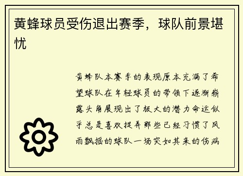黄蜂球员受伤退出赛季，球队前景堪忧